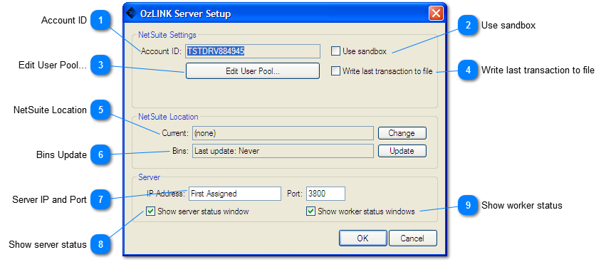OzLINK Server Setup window